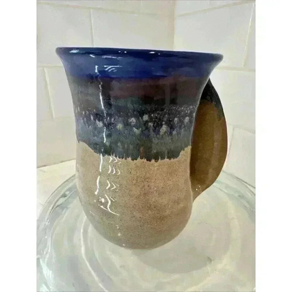 Neher Art Pottery Mug Right Hand Warmer Cup Blue Beige 2022 Signed - Picture 7 of 9